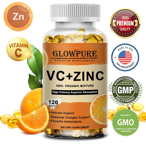 Complément Vitamine C & Zinc - Flacon de supplément avec un homme souriant au milieu des oranges.