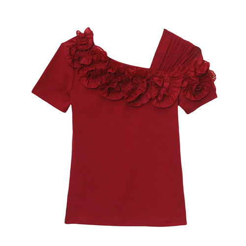 Top coton femme épaules dénudées en rouge avec volants romantiques et coupe slim fit.