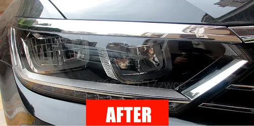 Comparative image of headlight restoration using Kit Restauration & Polissage Phares – Pâte Rénovatrice showing before and after results.