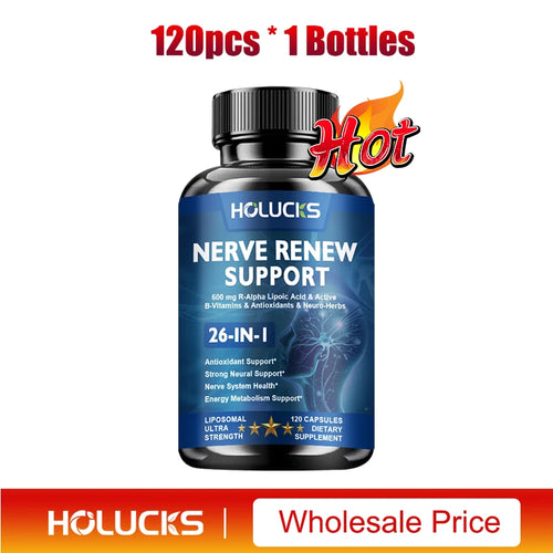Capsules Nerve Renew, Aiguilles, Coupures, Brûlures cutanées, Sommeil profond. Complexe de vitamines B, acide alpha-lipoïque R, mélange neurobotanique SUN N.