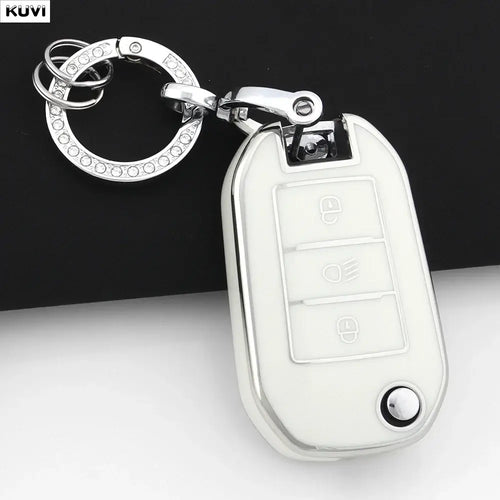 Coque Clé TPU Peugeot pour clé de voiture pliable avec design élégant en rose, offrant protection et style.