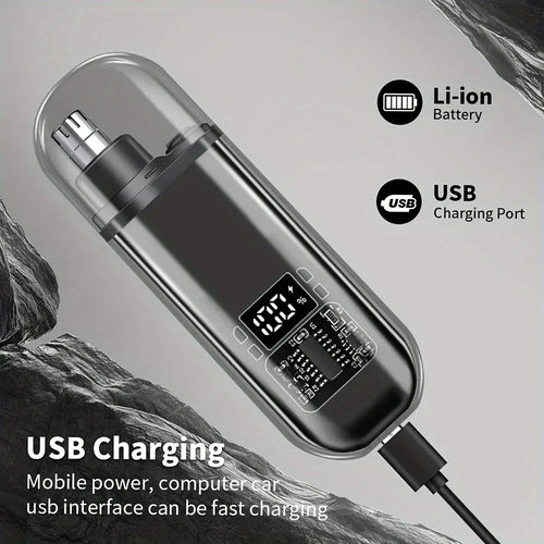Nose hair trimmer for men with USB C fast charging, featuring precision blades for easy grooming.