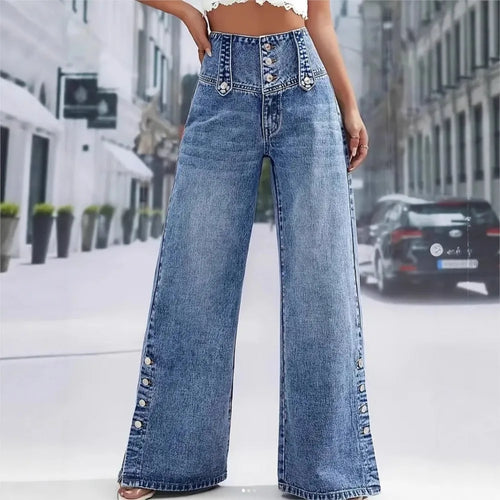 Jean Large Femme Taille Haute Pantalon en jean décontracté 2026 pour femme, taille haute, coupe large, style rétro urbain, polyvalent, avec boutons et fentes, tendance SUN N.