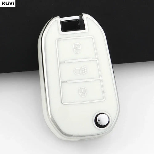 Coque Clé TPU Peugeot pour clé de voiture pliable avec design élégant en rose, offrant protection et style.