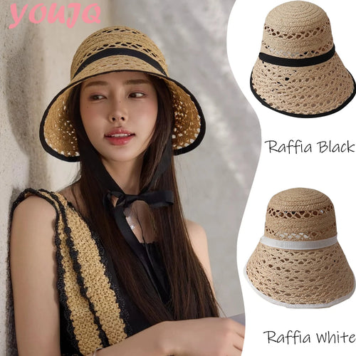 Chapeau de soleil en raphia véritable style français pour femme, à lacets, à large bord, ouverture arrière, respirant, pour l'extérieur et la plage, casquette SUN N.