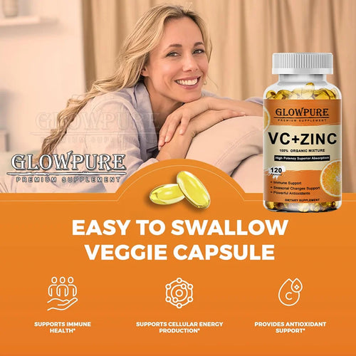 Complément Vitamine C & Zinc - Flacon de supplément avec un homme souriant au milieu des oranges.