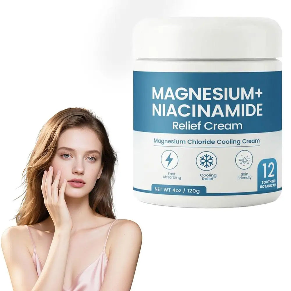 Crème apaisante Magnésium & Niacinamide – Douleurs nerveuses, pot de crème avec modèle.