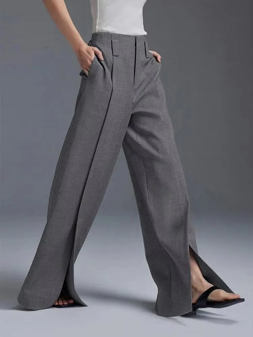 Yeezzi Urban Female Business Suit Pants 2025 New Fashion Black White Loose Straight Pant High-Waist Pleated Split-Front Trousers SUN N.