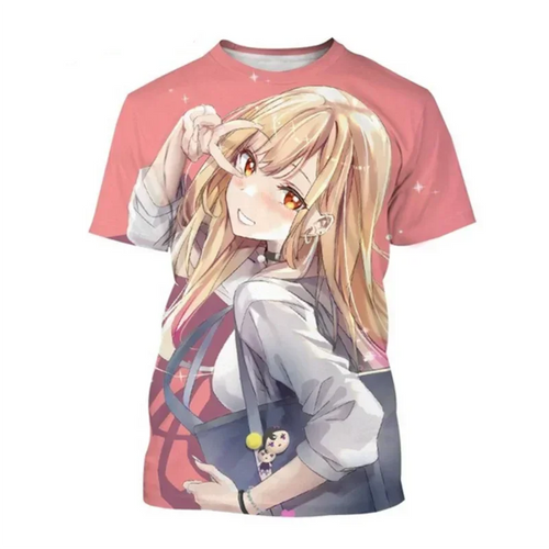 T-shirt anime graphique 3D featuring a cheerful character making peace signs with vibrant colors.