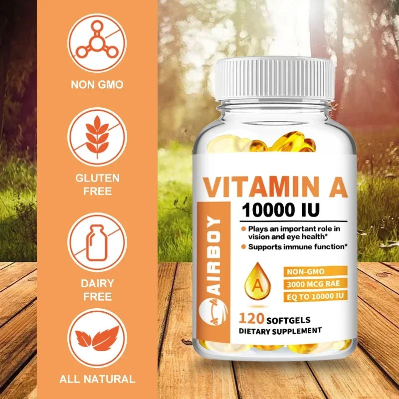 Vitamine A 10 000 UI dietary supplement bottle with non-GMO, gluten-free, and dairy-free labels.