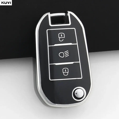 Coque Clé TPU Peugeot pour clé de voiture pliable avec design élégant en rose, offrant protection et style.