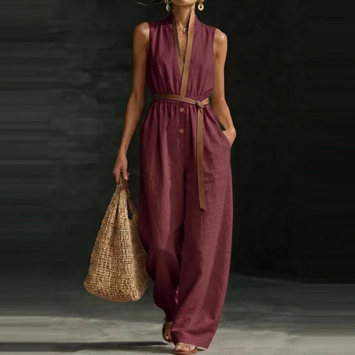 Combinaison longue femme – Col V, coupe ample, poches & taille élastique SUN N.