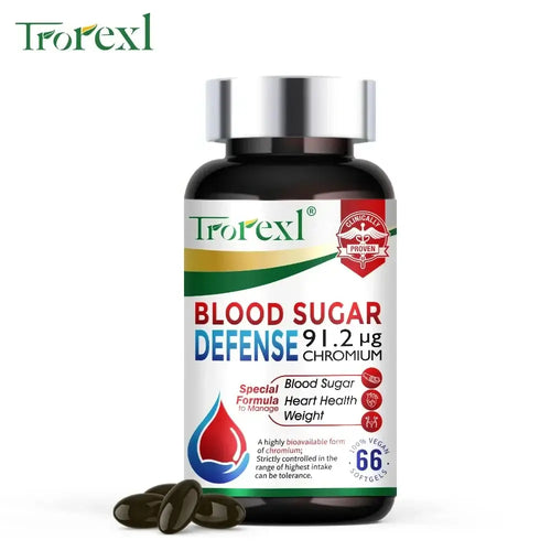 Capsules Soutien de la Glycémie - Métabolisme du Sucre, Trorexil Blood Sugar Defense bottles with capsules.