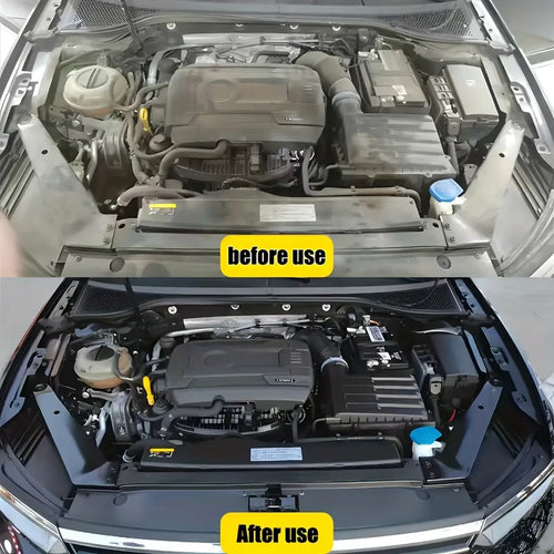 Comparative image showing 'Before' and 'After' results of using Nettoyeur de Compartiment Moteur for a clean engine bay.