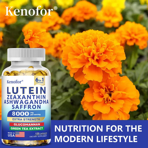 Supplément Lutéine & Zéaxanthine en capsules, enrichi en glucomannane et Ashwagandha pour la santé des yeux.