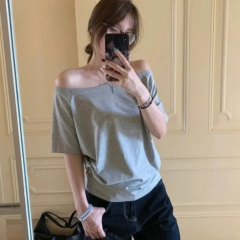Top épaules dénudées femme  Original Épaules Dénudées Manches Courtes Uni Chic Décontracté Quotidien Simple Sexy Tendance Coréenne Hauts d'Été SUN N.