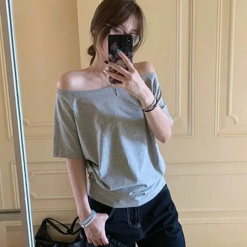 Top épaules dénudées femme  Original Épaules Dénudées Manches Courtes Uni Chic Décontracté Quotidien Simple Sexy Tendance Coréenne Hauts d'Été SUN N.