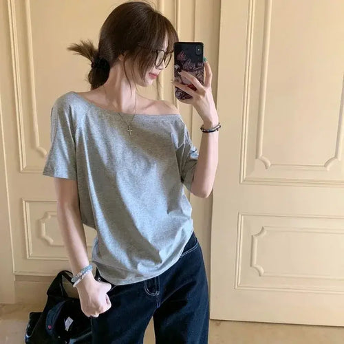 Top épaules dénudées femme T-shirts Femme Design Original Épaules Dénudées Manches Courtes Uni Chic Décontracté Quotidien Simple Sexy Tendance Coréenne Hauts d'Été SUN N.