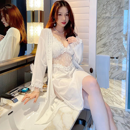 Pyjama sexy en velours pour femme – Robe d'hiver et d'automne à manches longues et chemise de nuit à bretelles en dentelle – Vêtements de nuit deux pièces confortables SUN N.