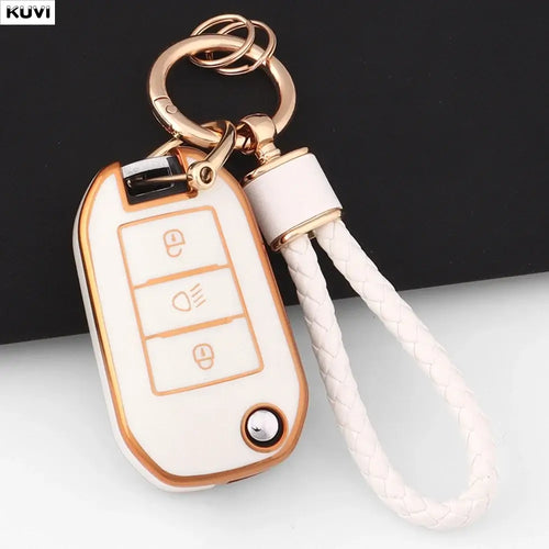 Coque Clé TPU Peugeot pour clé de voiture pliable avec design élégant en rose, offrant protection et style.