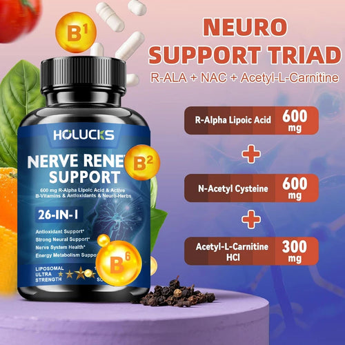 Capsules Nerve Renew, Aiguilles, Coupures, Brûlures cutanées, Sommeil profond. Complexe de vitamines B, acide alpha-lipoïque R, mélange neurobotanique SUN N.