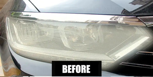 Comparative image of headlight restoration using Kit Restauration & Polissage Phares – Pâte Rénovatrice showing before and after results.