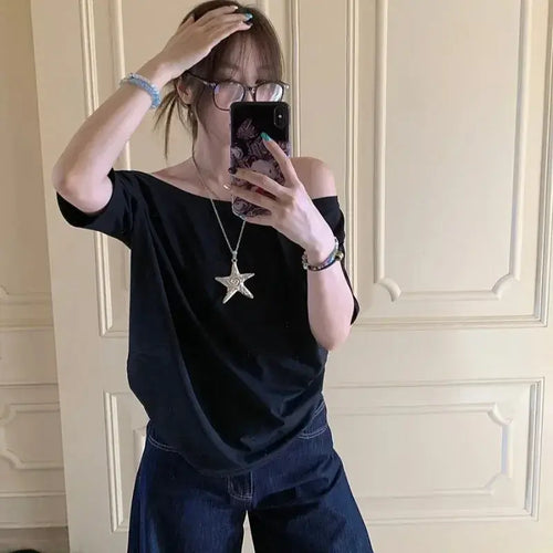 Top épaules dénudées femme T-shirts Femme Design Original Épaules Dénudées Manches Courtes Uni Chic Décontracté Quotidien Simple Sexy Tendance Coréenne Hauts d'Été SUN N.