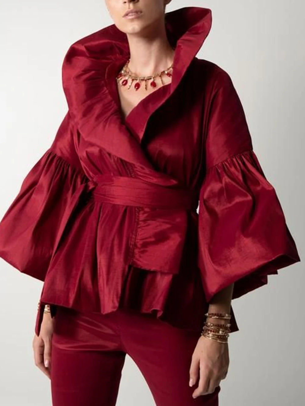 Chemisier en satin vintage pour femme, manches pétales, col montant, forme de bourgeon, chemise rétro américaine, style cour, automne SUN N.