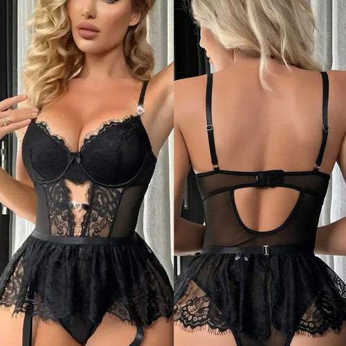 Combinaison Sexy à bretelles en dentelle, col en v, slim, transparent, pyjama pour femmes, Lingerie érotique, Catsuit, dos nu, body ajouré SUN N.