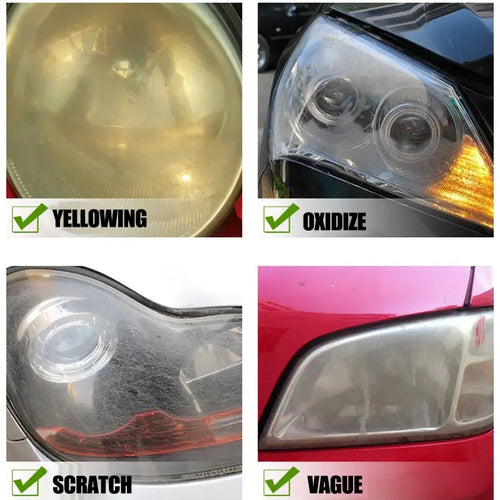 Comparative image of headlight restoration using Kit Restauration & Polissage Phares – Pâte Rénovatrice showing before and after results.