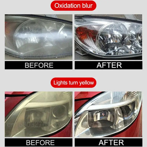 Comparative image of headlight restoration using Kit Restauration & Polissage Phares – Pâte Rénovatrice showing before and after results.