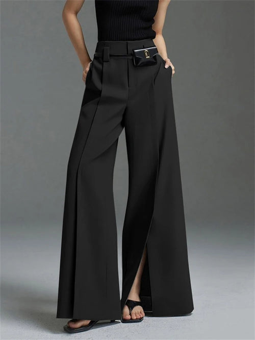 Yeezzi Urban Female Business Suit Pants 2025 New Fashion Black White Loose Straight Pant High-Waist Pleated Split-Front Trousers SUN N.