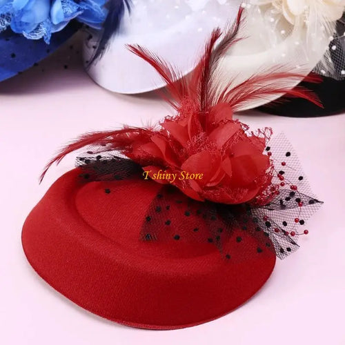Fascinator Femme à Voile : Fascinator pour femme, chapeau de cocktail, chapeau de fête, coiffe de mariage ou d'église avec voile, fleur et plume SUN N.