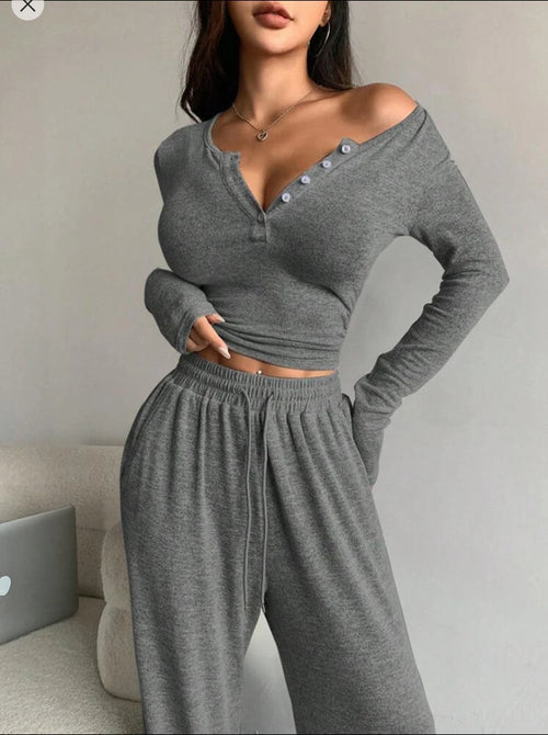 Women Pajama Set Long Sleeve Crop Top and Pants Sleepwear