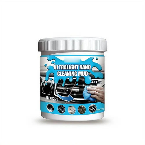 Avant et après l’utilisation du Gel Nettoyant Nano Universe sur les grilles d’aération de voiture, démontrant une élimination efficace de la poussière.