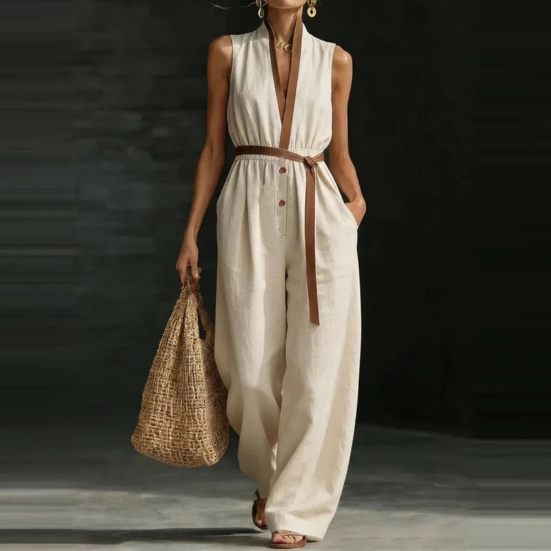 Combinaison longue femme – Col V, coupe ample, poches & taille élastique SUN N.