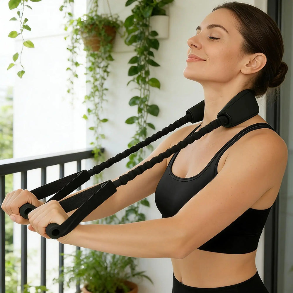 Woman using a cervical traction device with elastic padding on a balcony, promoting neck and shoulder relief.