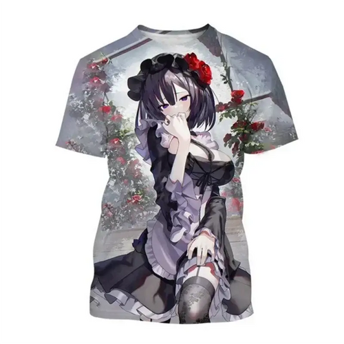 T-shirt anime graphique 3D featuring a cheerful character making peace signs with vibrant colors.