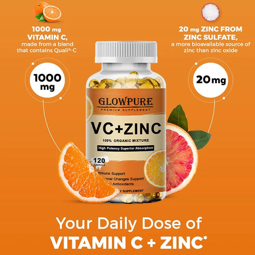 Complément Vitamine C & Zinc - Flacon de supplément avec un homme souriant au milieu des oranges.