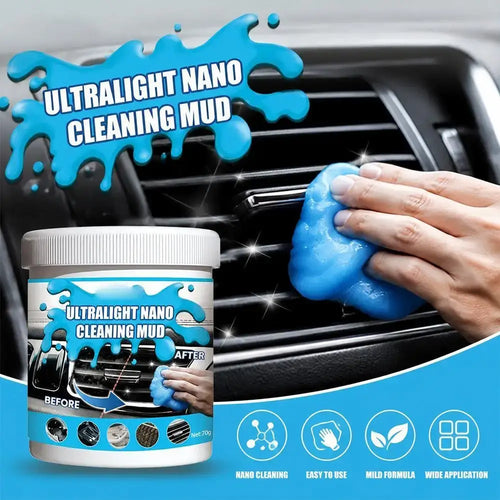 Avant et après l’utilisation du Gel Nettoyant Nano Universe sur les grilles d’aération de voiture, démontrant une élimination efficace de la poussière.