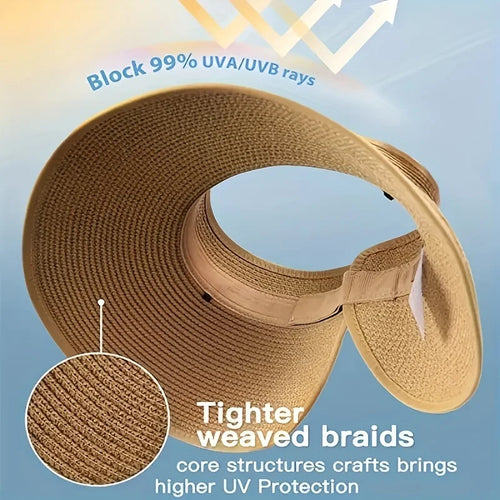 Chapeau Visière Femme, casquette de soleil pliable pour randonnée en plein air, large bord, chapeaux de paille de plage, chape SUN N.
