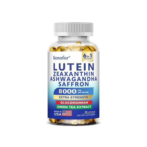 Supplément Lutéine & Zéaxanthine en capsules, enrichi en glucomannane et Ashwagandha pour la santé des yeux.