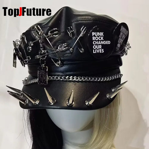 Béret Gothique Steampunk Riveté avec points métalliques et accessoires punk, au style Harajuku Y2K.