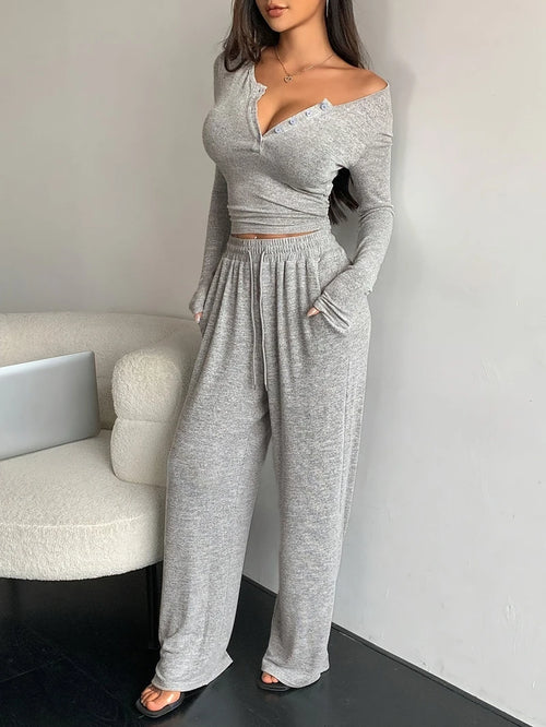 Women Pajama Set Long Sleeve Crop Top and Pants Sleepwear
