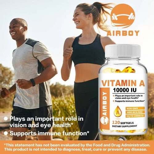 Vitamine A 10 000 UI dietary supplement bottle with non-GMO, gluten-free, and dairy-free labels.