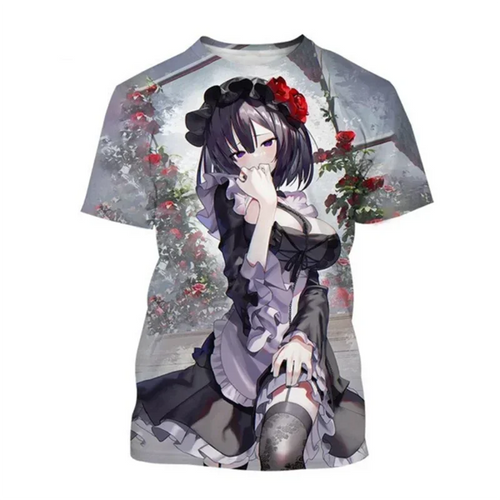 T-shirt anime graphique 3D featuring a cheerful character making peace signs with vibrant colors.