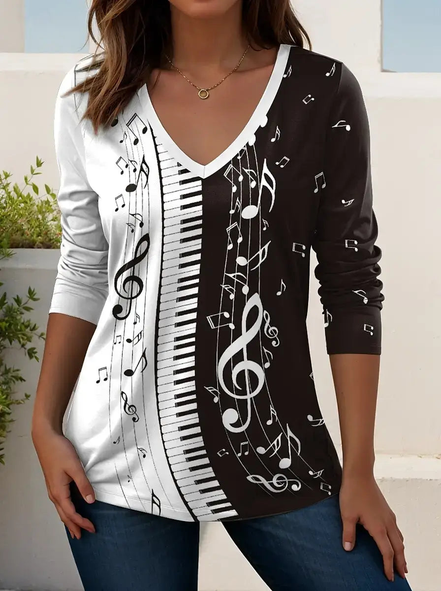 T-shirt femme graphique festival avec motifs de musique, col en V et manches longues, style décontracté et élégant.