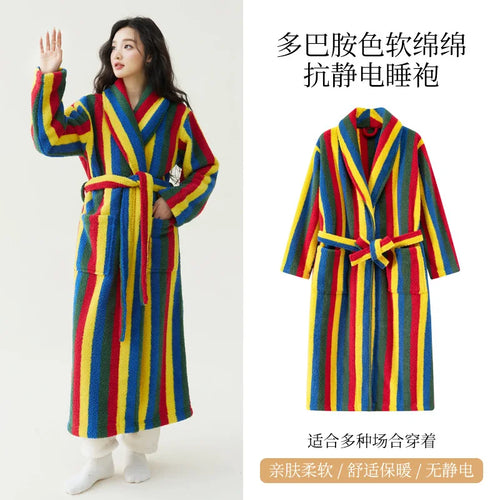 2025 nouveau automne/hiver femmes vêtements de nuit épais velours chaud Robe Couple corail velours rayé allongé maison vêtements peignoir SUN N.
