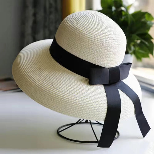 Chapeau de paille rond rétro pour l'extérieur, chapeaux de soleil pour dames, voyage, vacances, visière, Vintage, chapeau de plage pour femmes, noir et blanc, été SUN N.