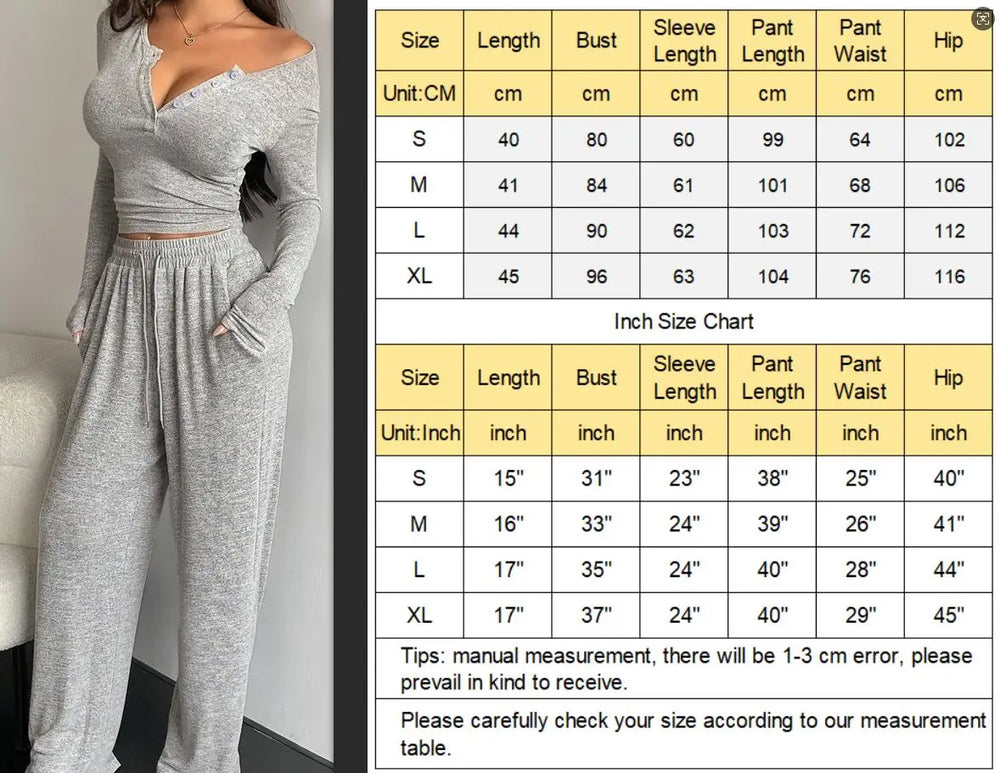 Women Pajama Set Long Sleeve Crop Top and Pants Sleepwear